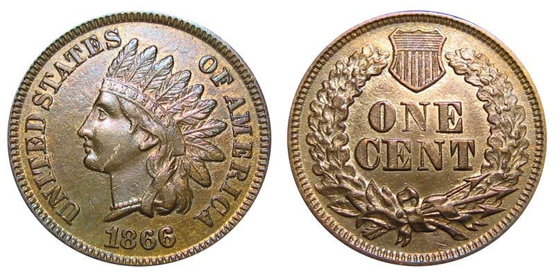 1866 Indian Head penny obverse and reverse showing semi-key date details