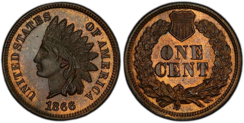 1866 Indian Head penny DDO Snow-1 vs normal comparison showing LIBERTY doubling and misplaced date