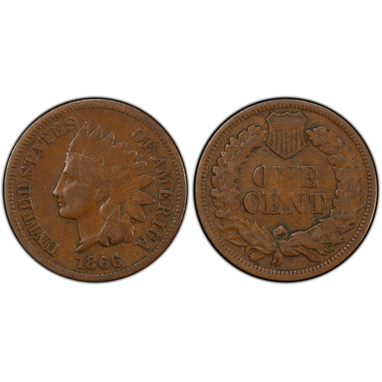 1866 Indian Head penny grading strip showing Good through Uncirculated condition examples